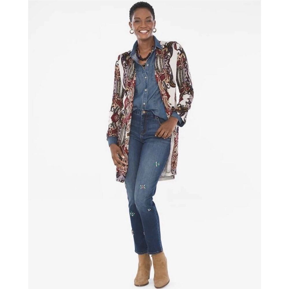 Chico’s Women’s Paisley Cardigan Open Front Knit Sweater Multicolor Boho Size 0